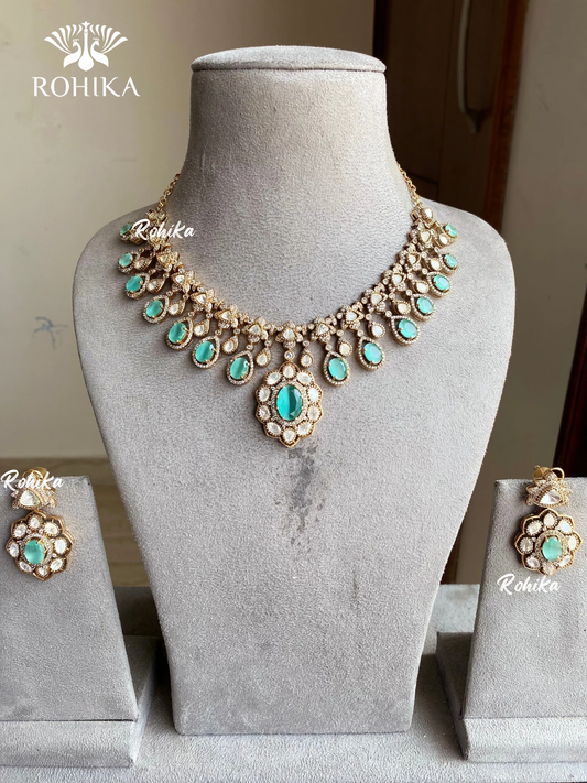 Mallika polki kundan necklace set - Mint Green