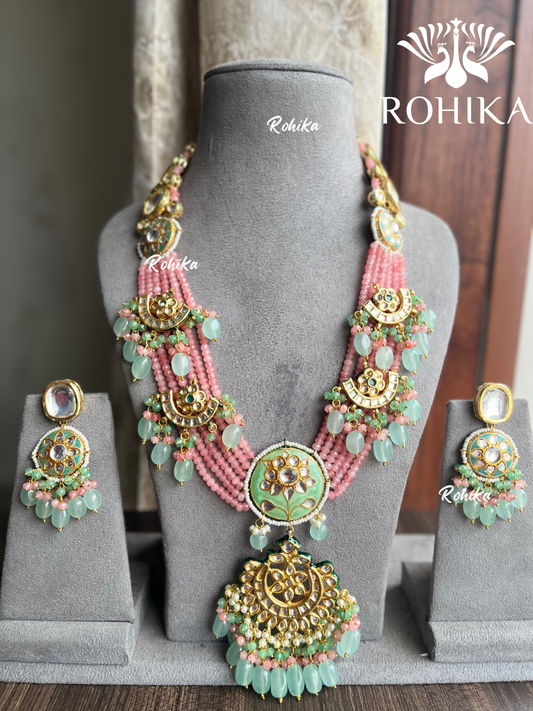 Meenakshi meenakari necklace set-Mint green and pink