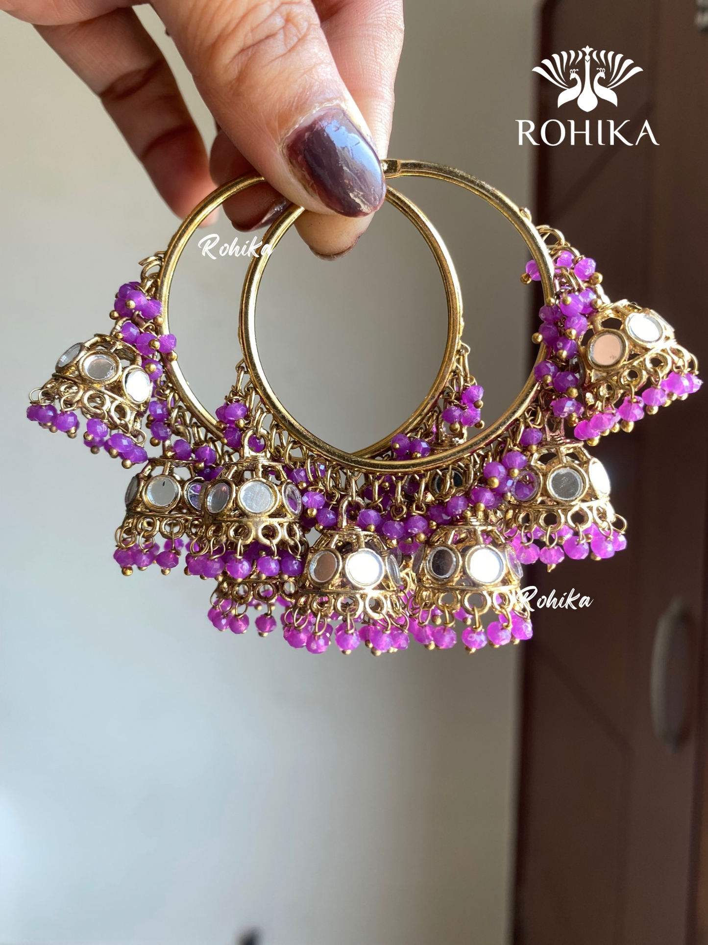 Leena mirror jhumki bali earrings - Purple