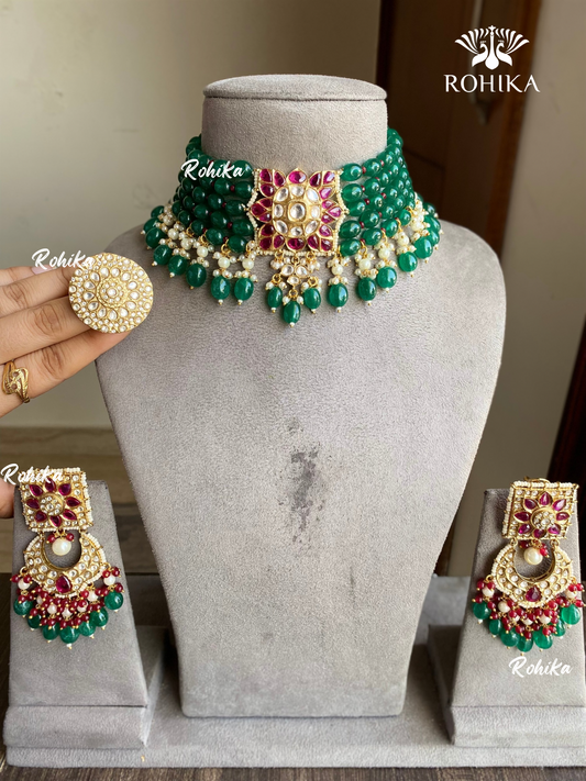 Sona polki kundan choker set - Dark Green