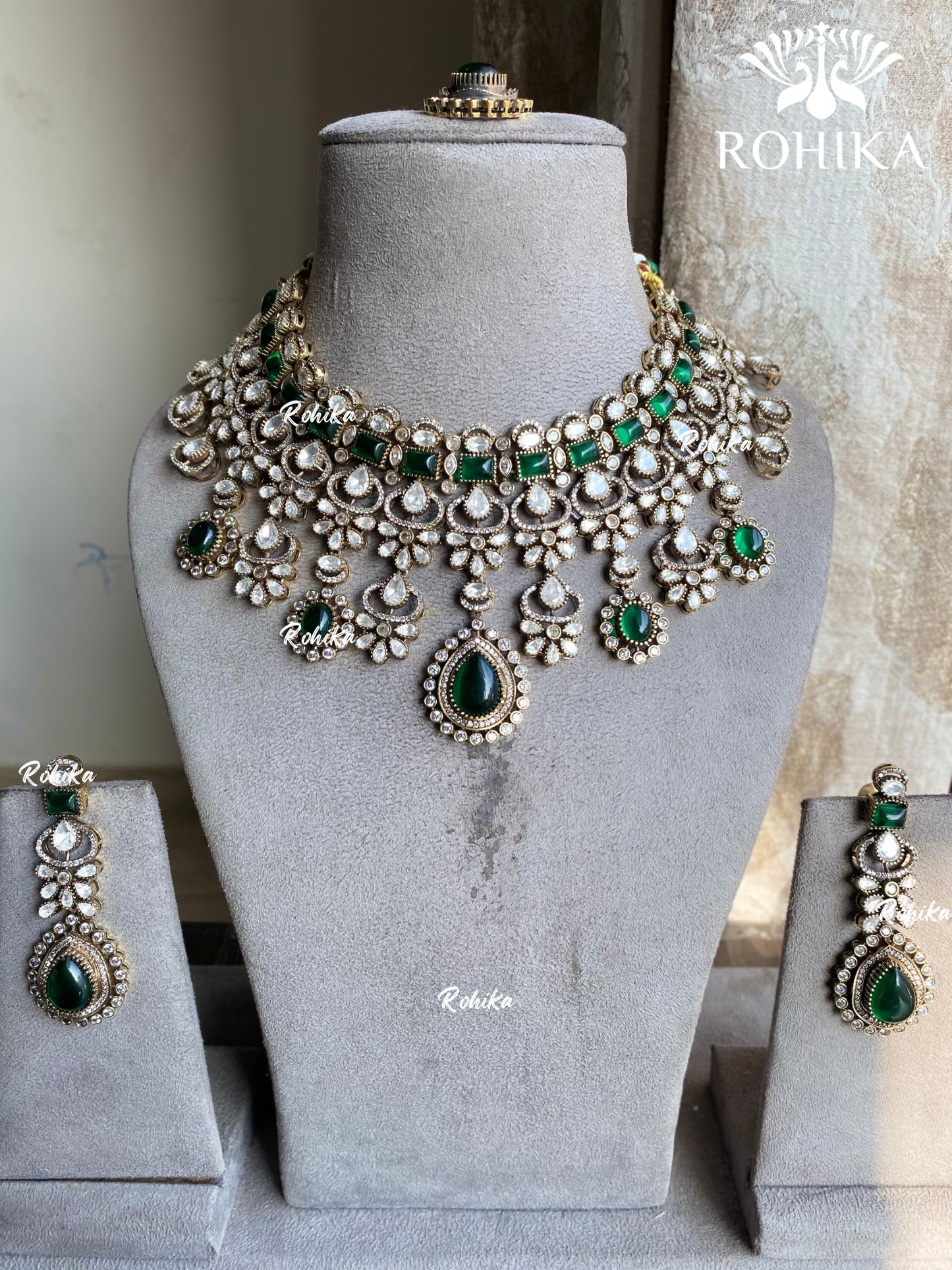 Shalini moisanite bridal necklace set - Dark Green