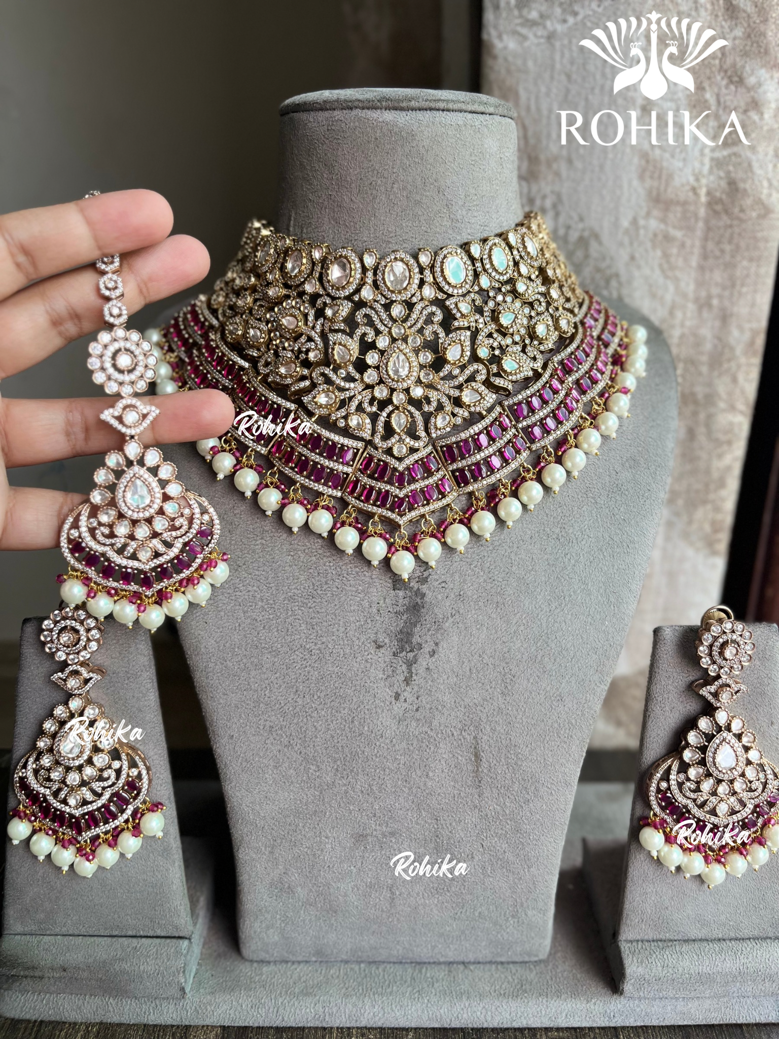 Shravani moisanite polki kundan necklace set - Ruby red