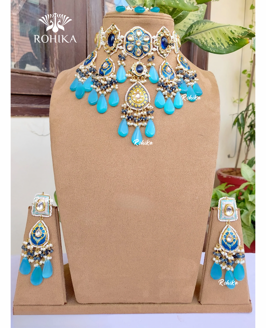 Unnati meenakari kundan choker set - Sky blue