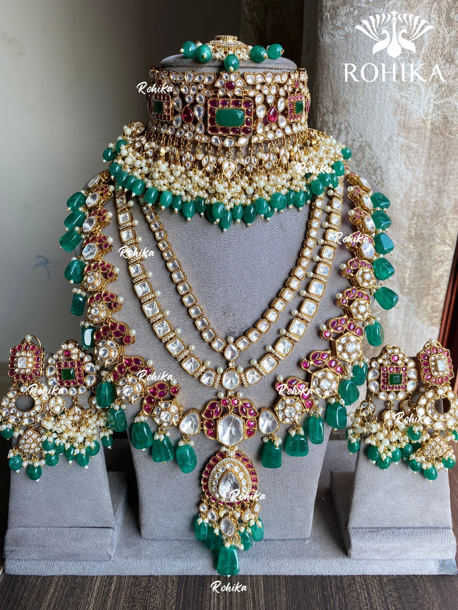 Anmol bikaneri polki kundan bridal combo set - Green and Pink