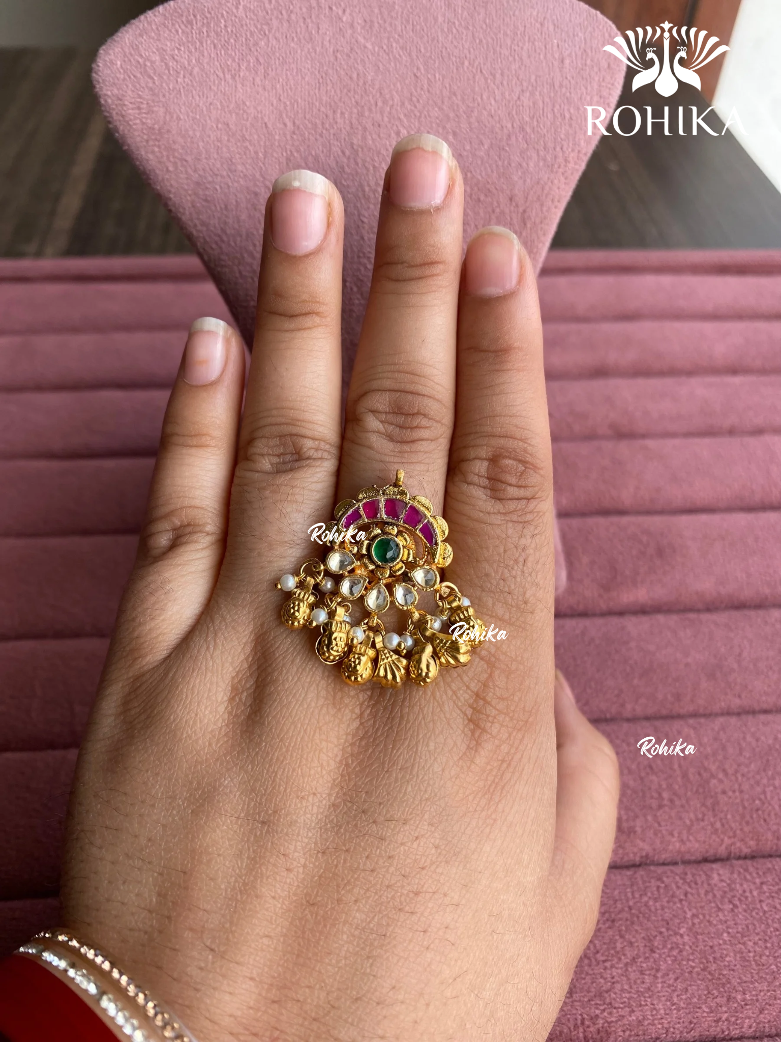 Padmini pachhi kundan ring (SG-157) - Red & Green - Rohika store 