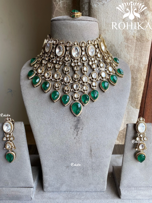 Sharan moisinite doublet bridal necklace set - Dark Green