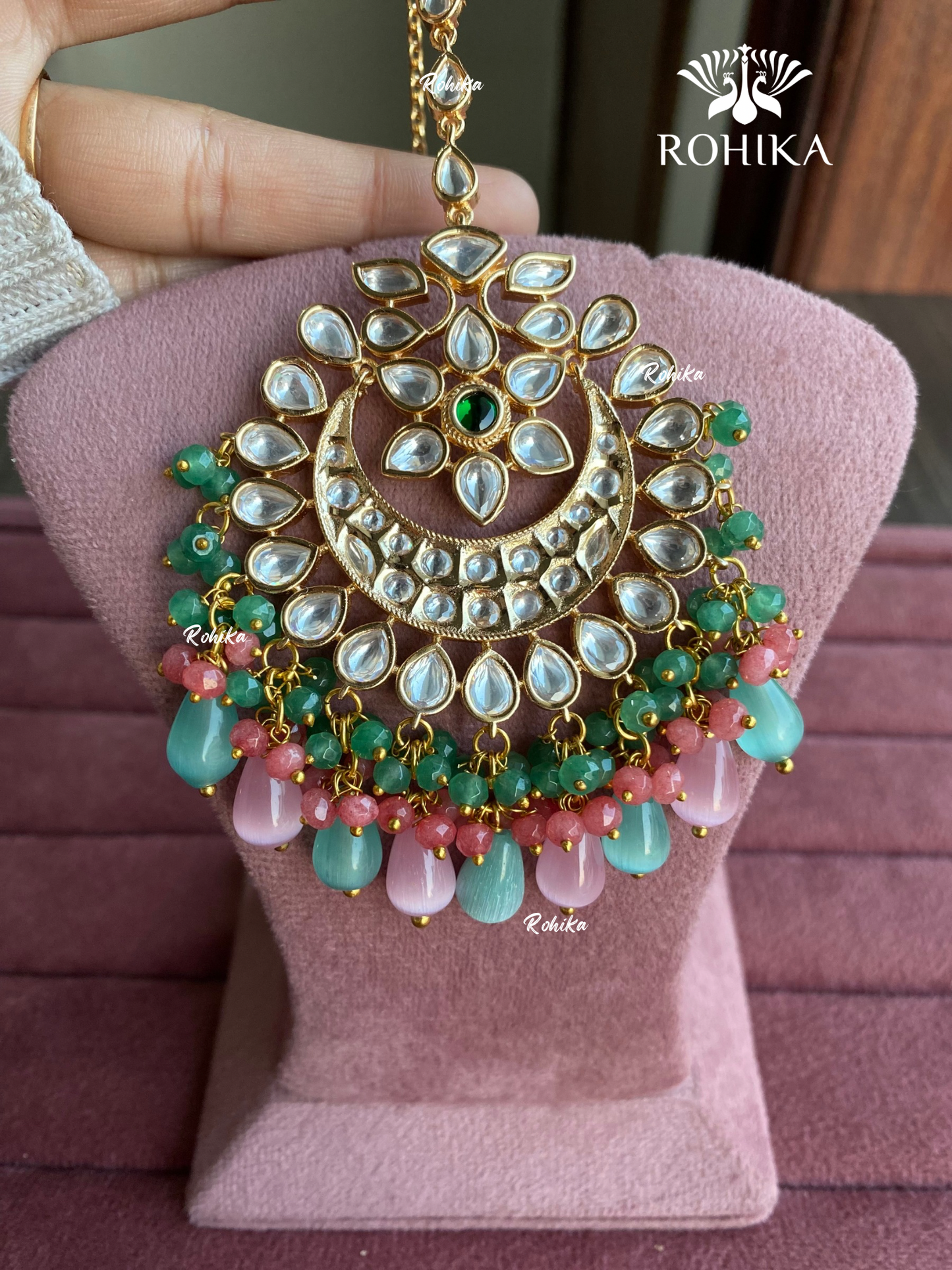 Polki kundan maangtikka (PLKM-041) - pink & mint green