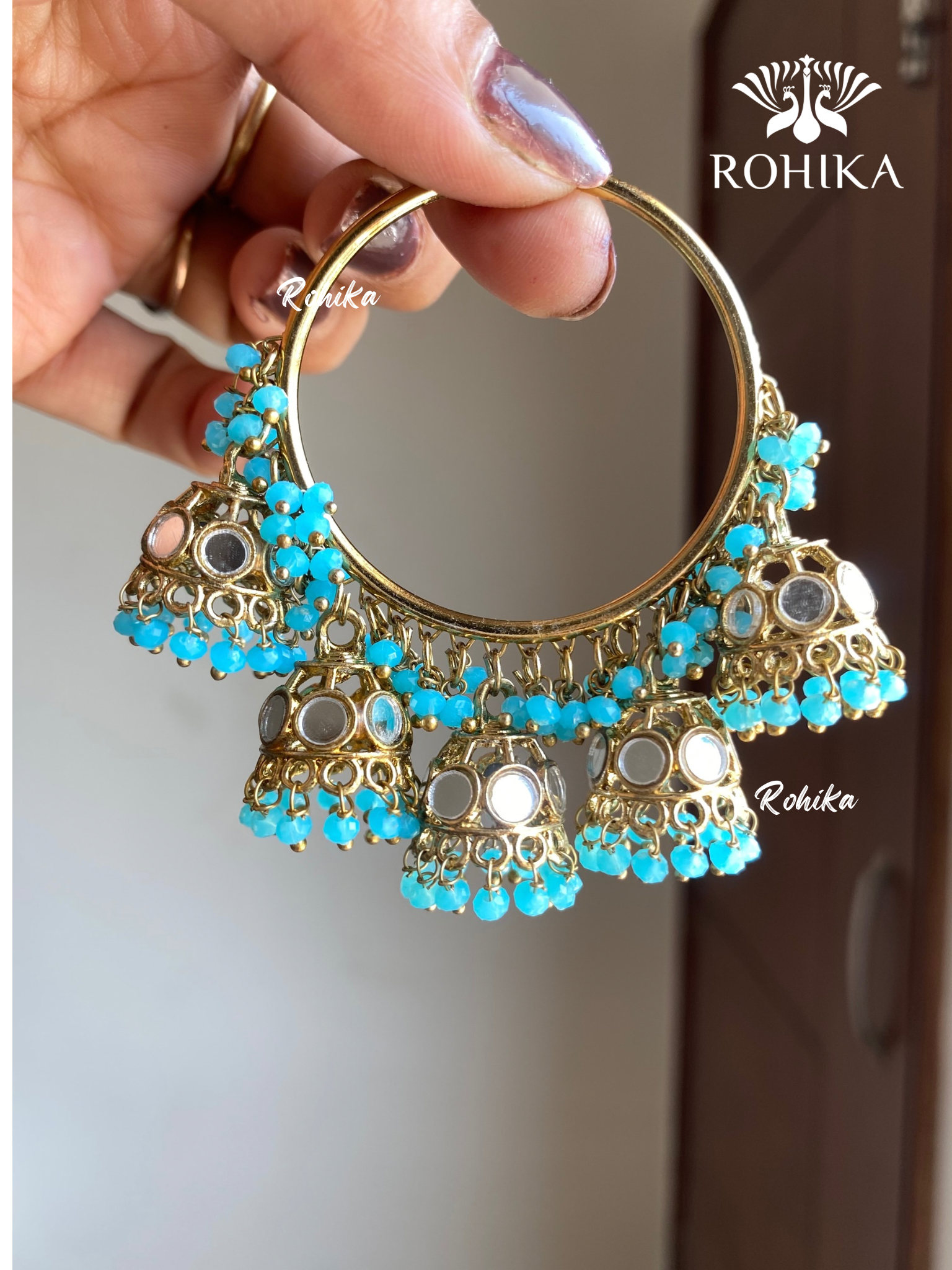 Leena mirror jhumki bali earrings - Sky blue