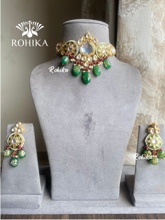 Kirti meenakari kundan necklace set - Green