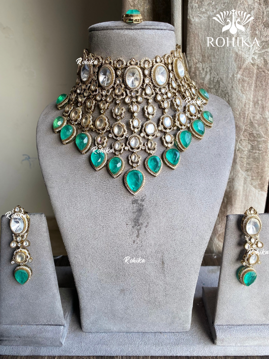 Sharan moisanite doublet bridal necklace set - Mint Green