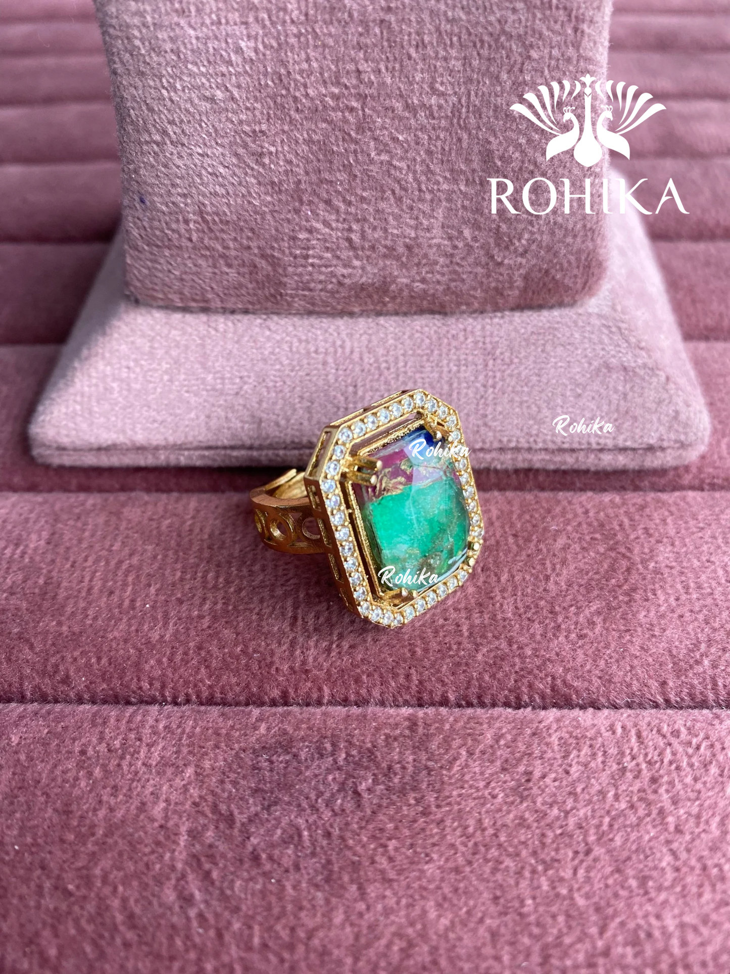 Angana polki kundan ring (SG-124) - Green & pink