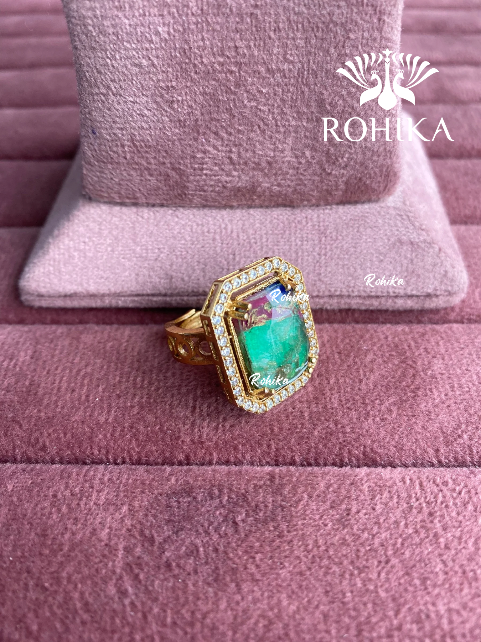 Angana polki kundan ring (SG-124) - Green & pink