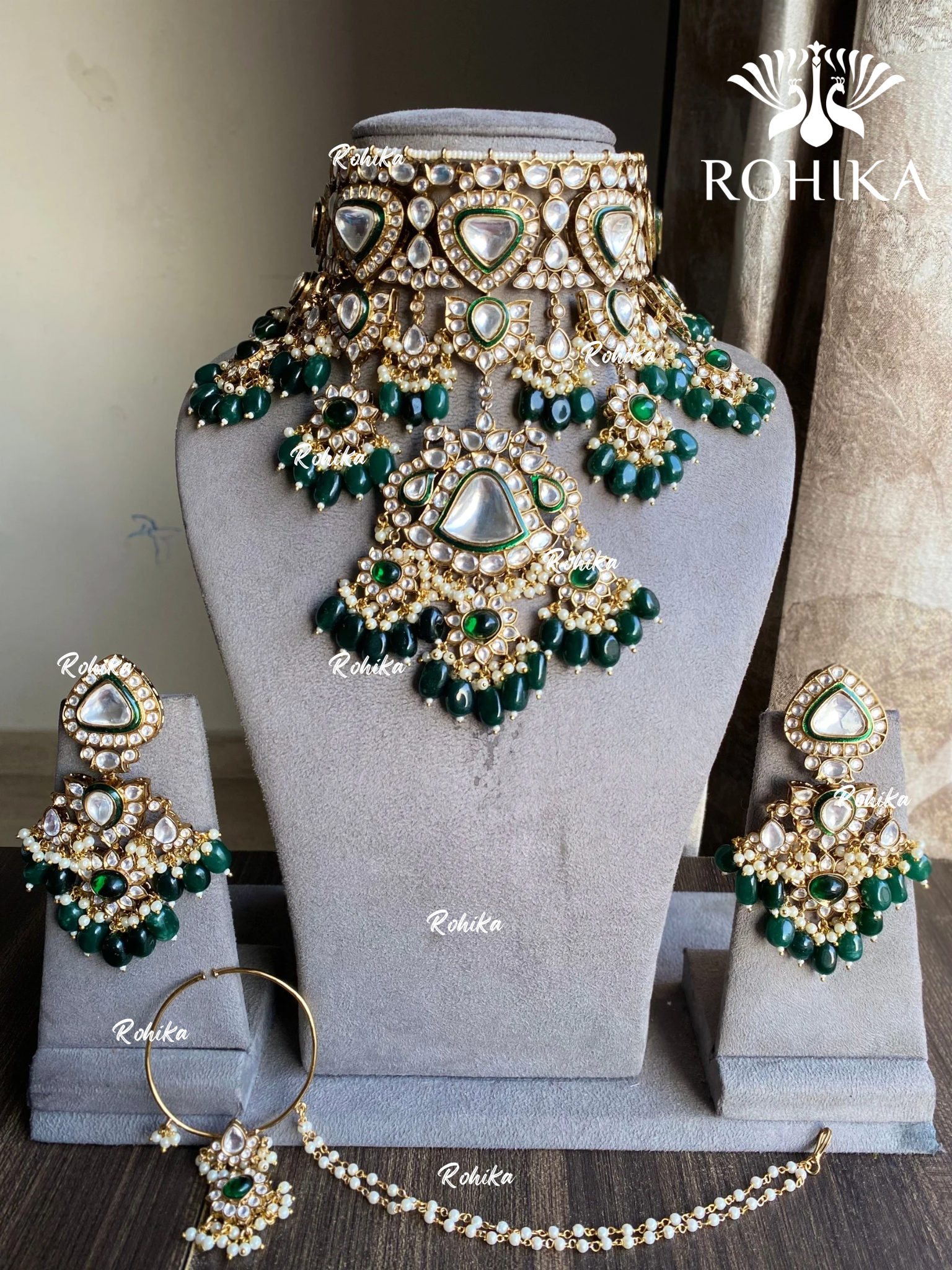 Rajshree polki kundan bridal combo set - Dark Green