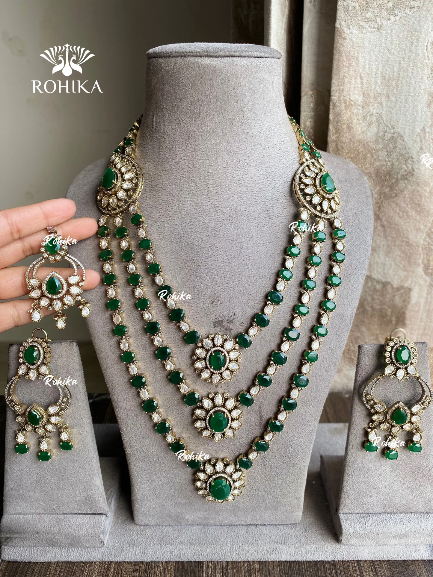 Ekatra moisanite long necklace set - Dark green