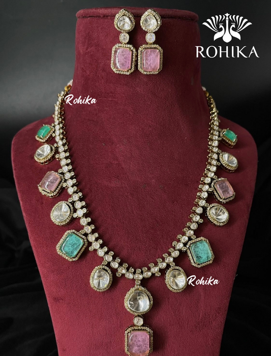 Kiya polki kundan necklace set - Mint and pink