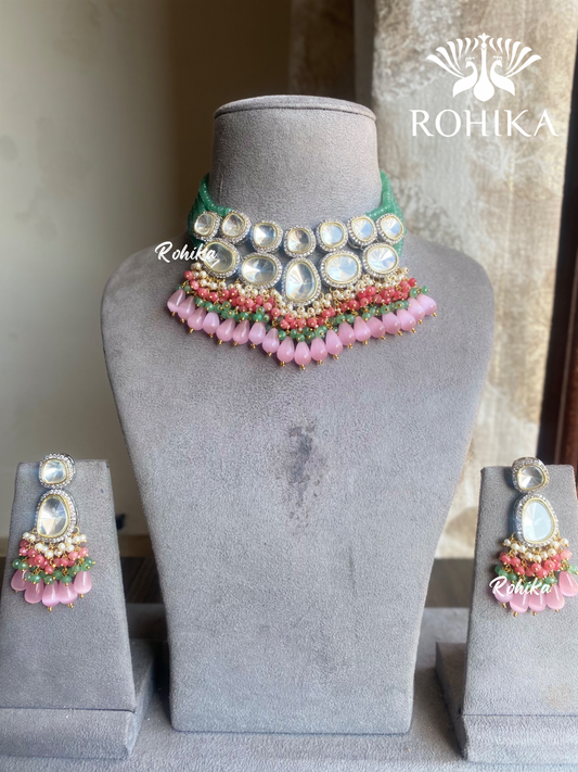 Laisha polki kundan necklace set - Pink and mint green