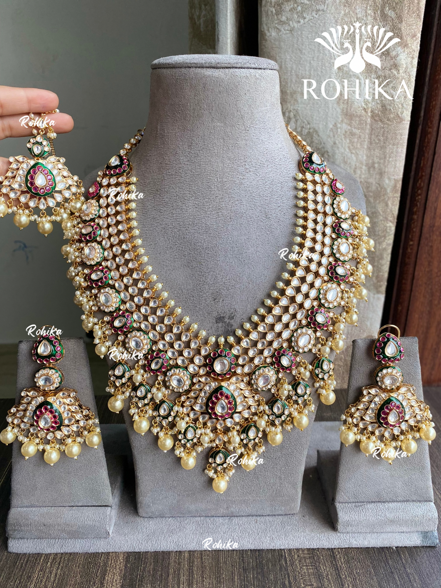 Aangan bikaneri polki kundan long necklace set - Green and Ruby