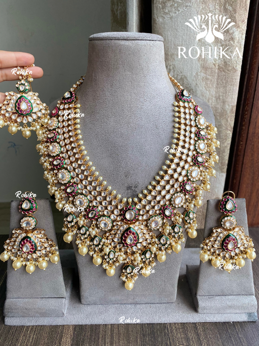 Aangan bikaneri polki kundan long necklace set - Green and Ruby