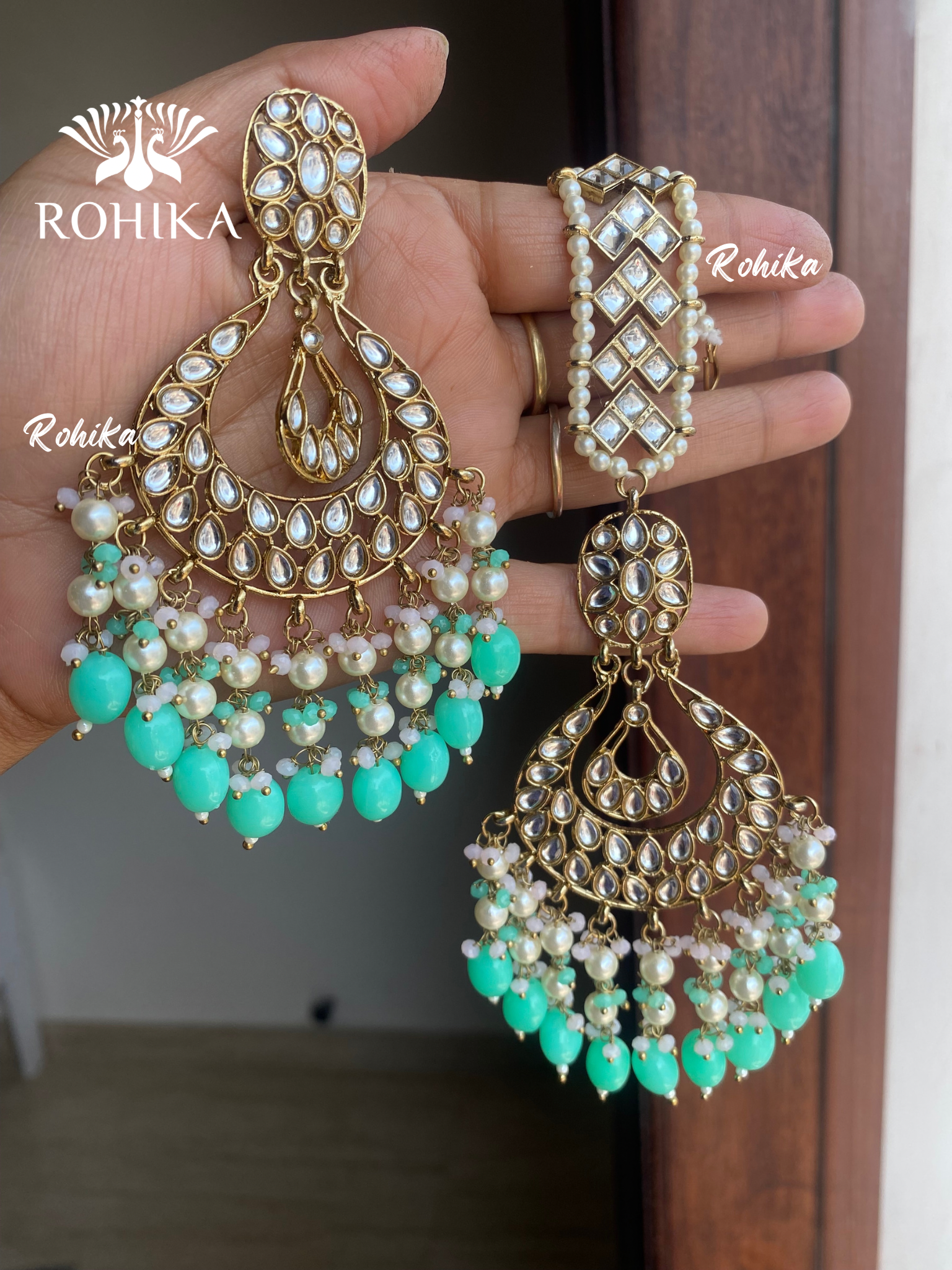 Madhur earrings and maangtikka - Mint green