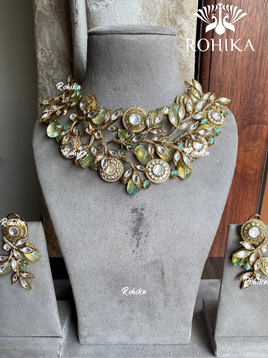 Yashini polki kundan fusion designer necklace set - Mint green