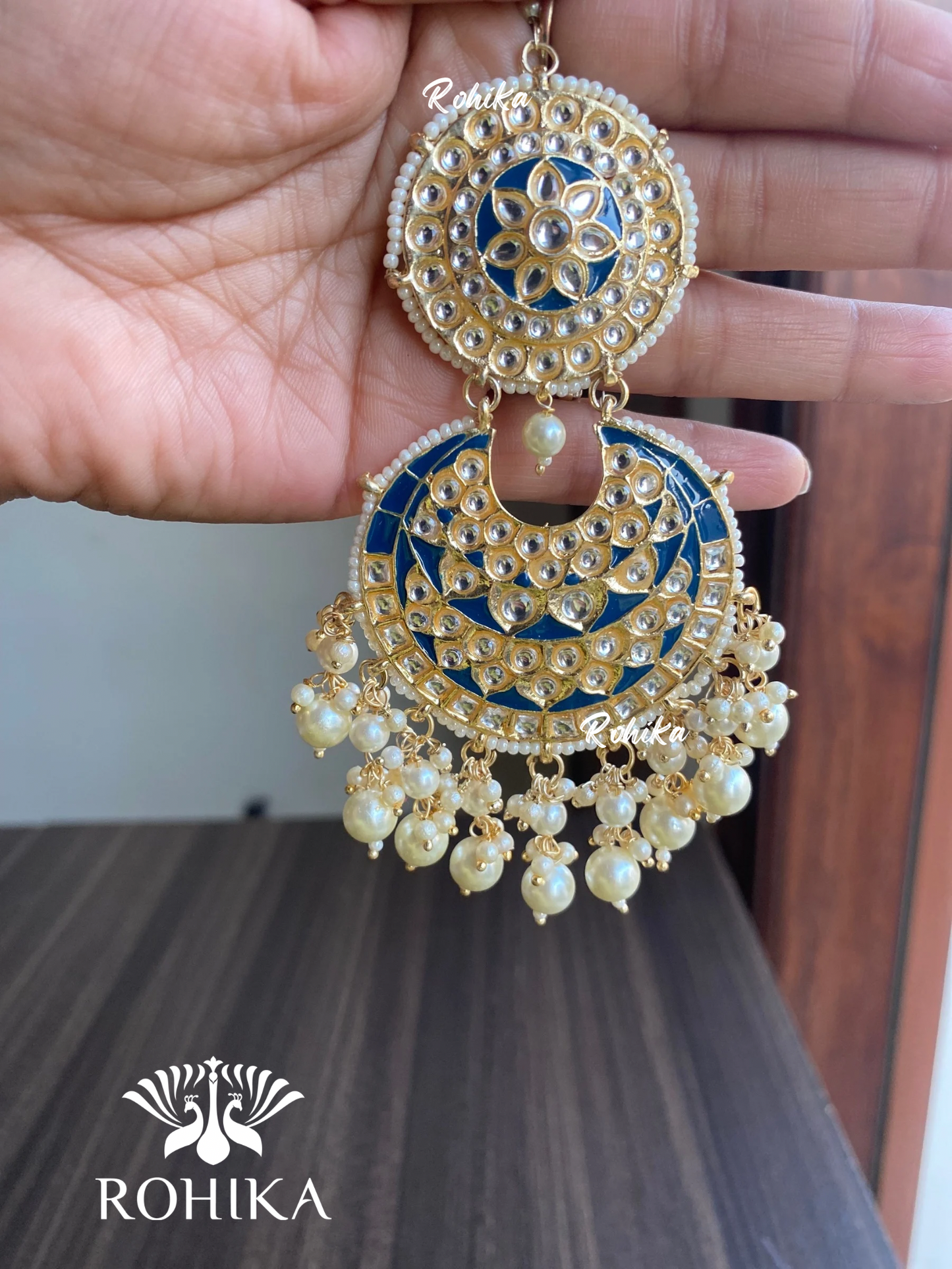 Tisha earrings and maangtikka combo - Dark blue