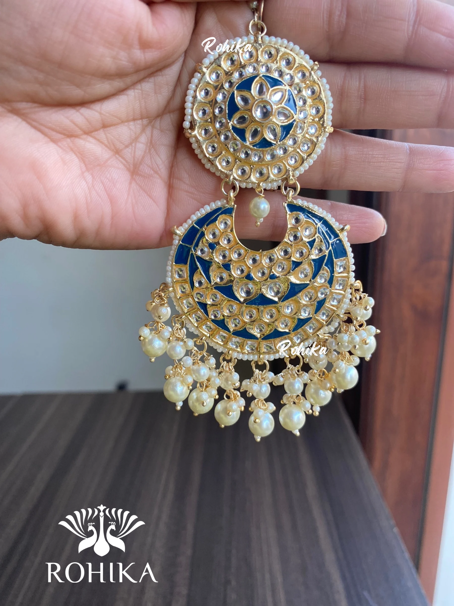 Tisha earrings and maangtikka combo - Dark blue