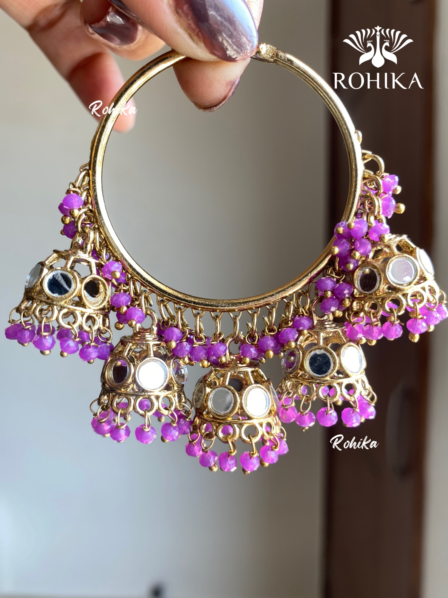 Leena mirror jhumki bali earrings - Purple