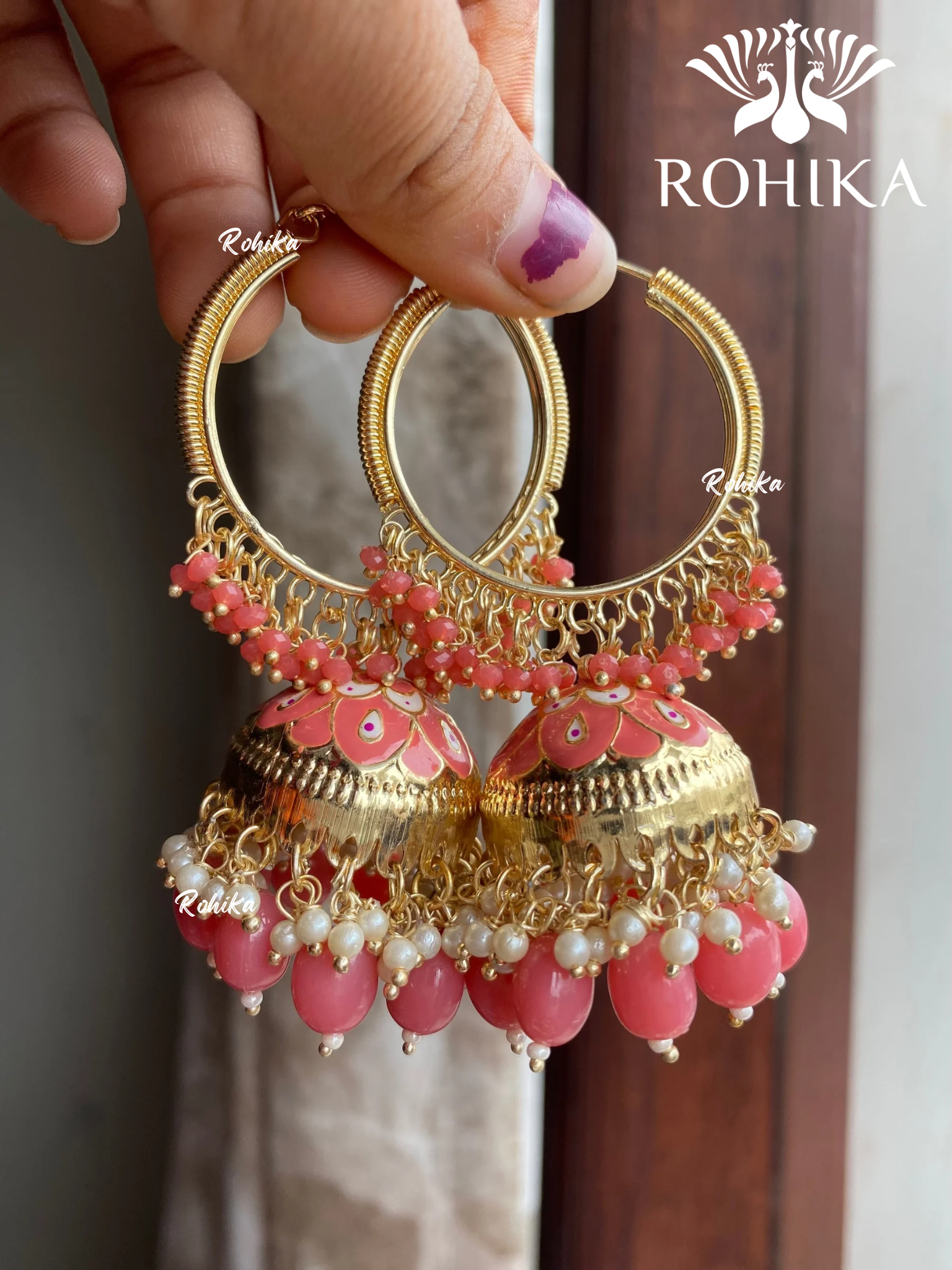 Noor jhumka bali earrings - Pink