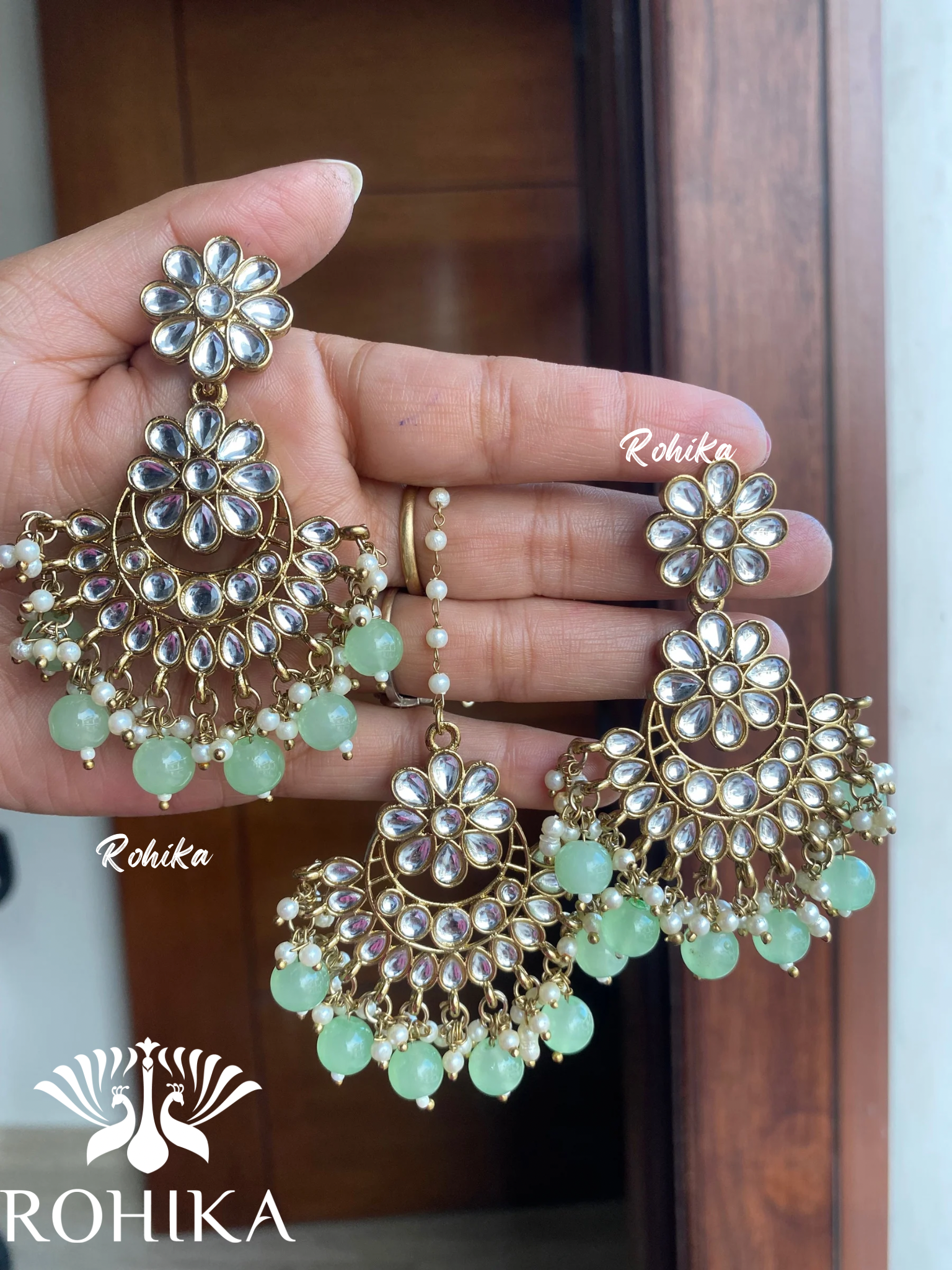 Supriya earrings and maangtikka combo - Mint Green