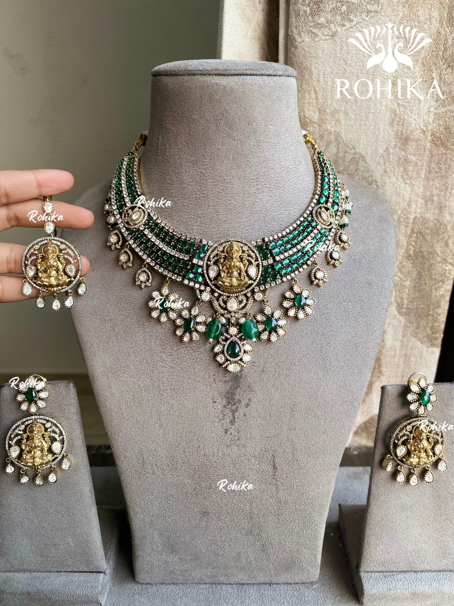 Laxmi moisanite polki necklace set - Dark Green