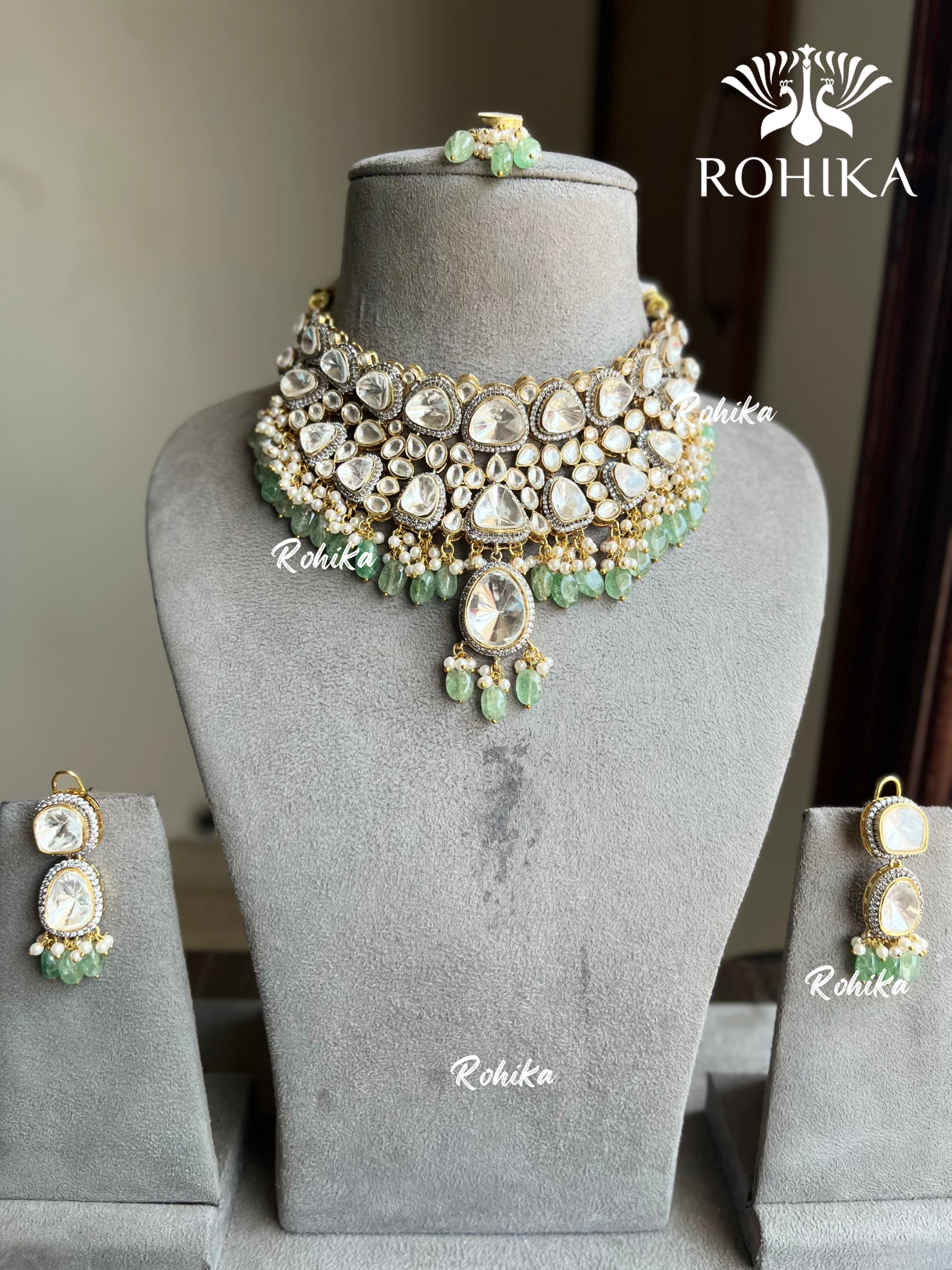 Swasti designer polki kundan choker set - Mint Green