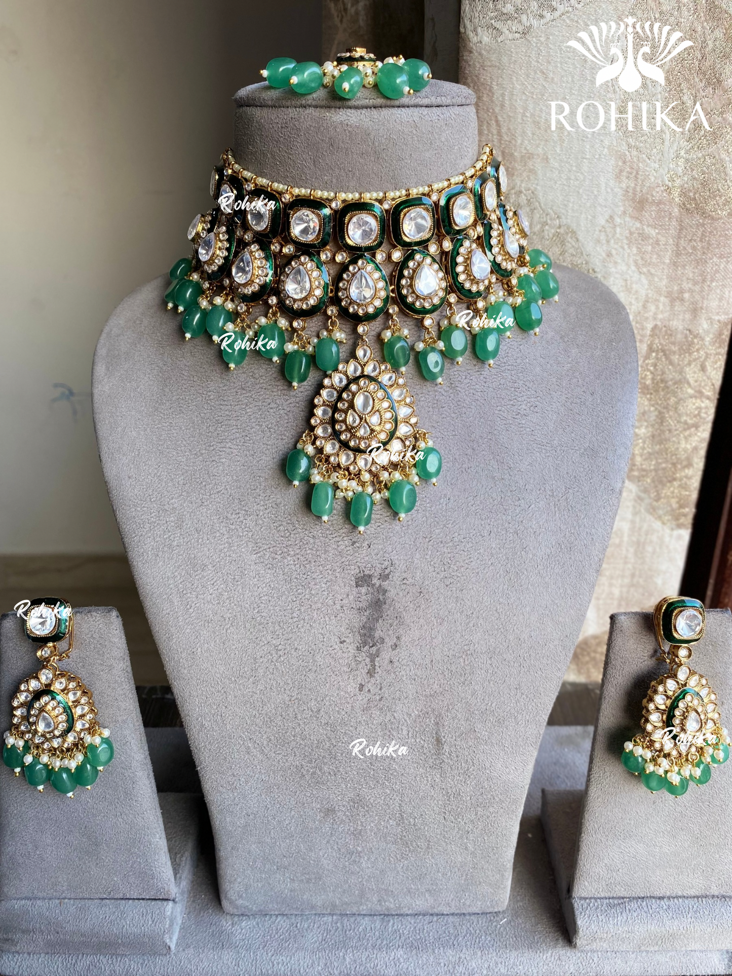 Varsha meenakari polki kundan choker set - Mint Green