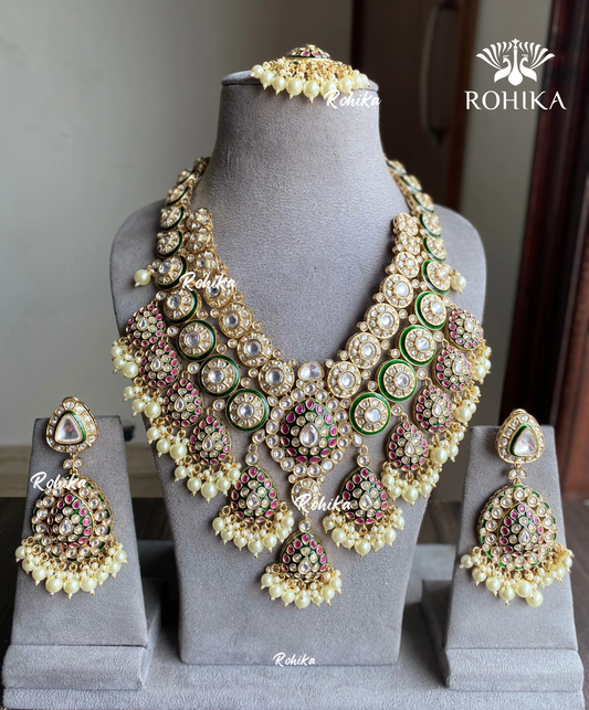 Rabina bikaneri polki kundan long necklace set - Pink & green