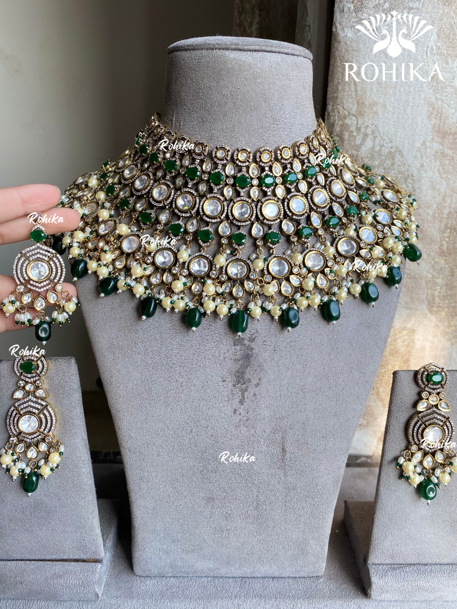 Dharini polki kundan bridal necklace set - Dark Green