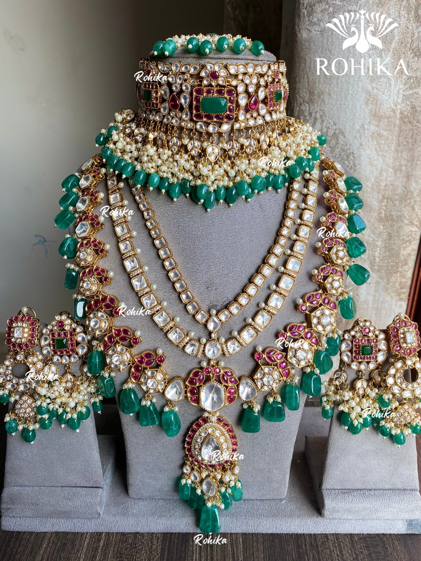 Anmol bikaneri polki kundan bridal combo set - Green and Pink