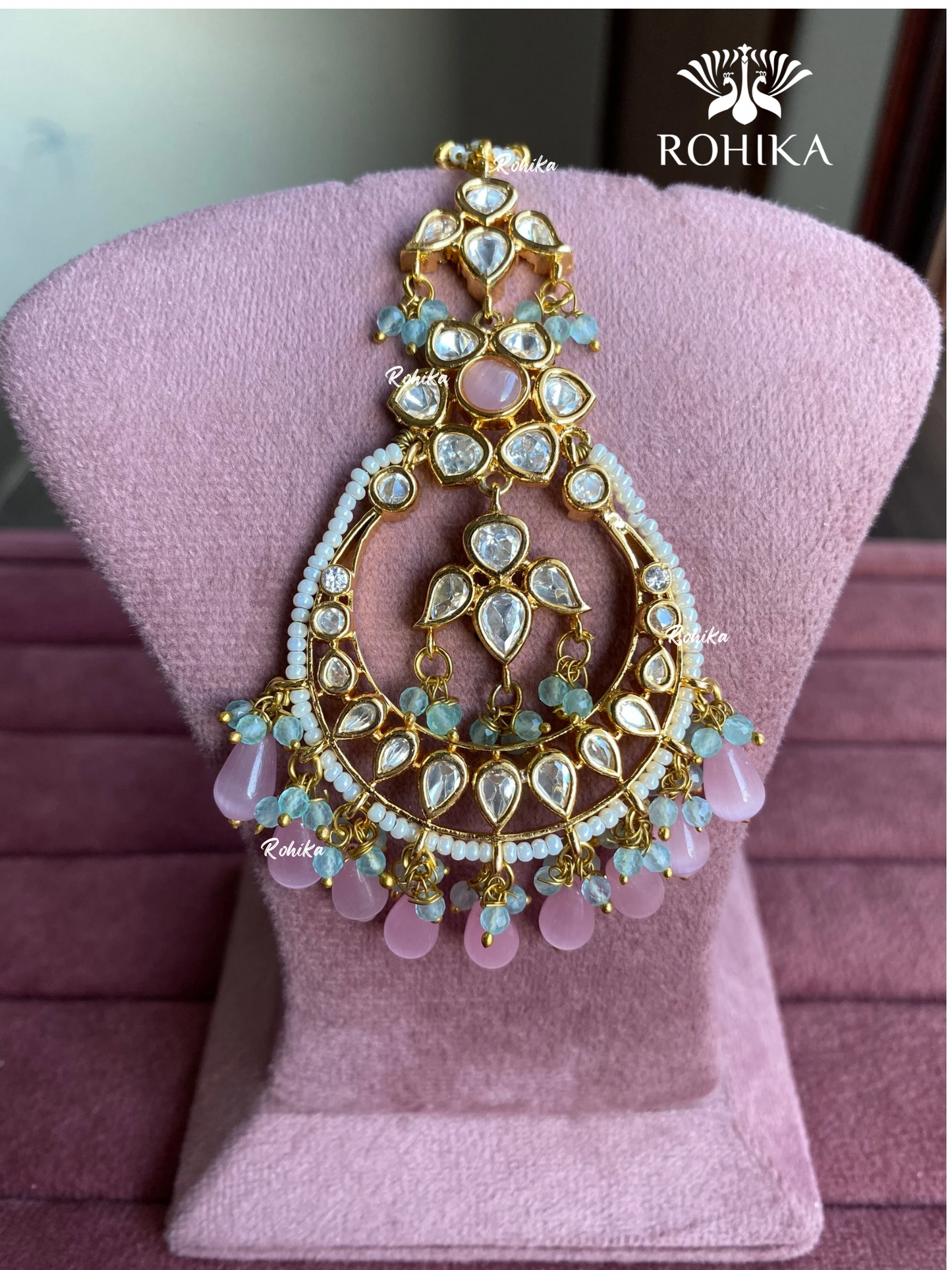 Polki kundan maangtikka (PLKM-040) - Mint green & pink