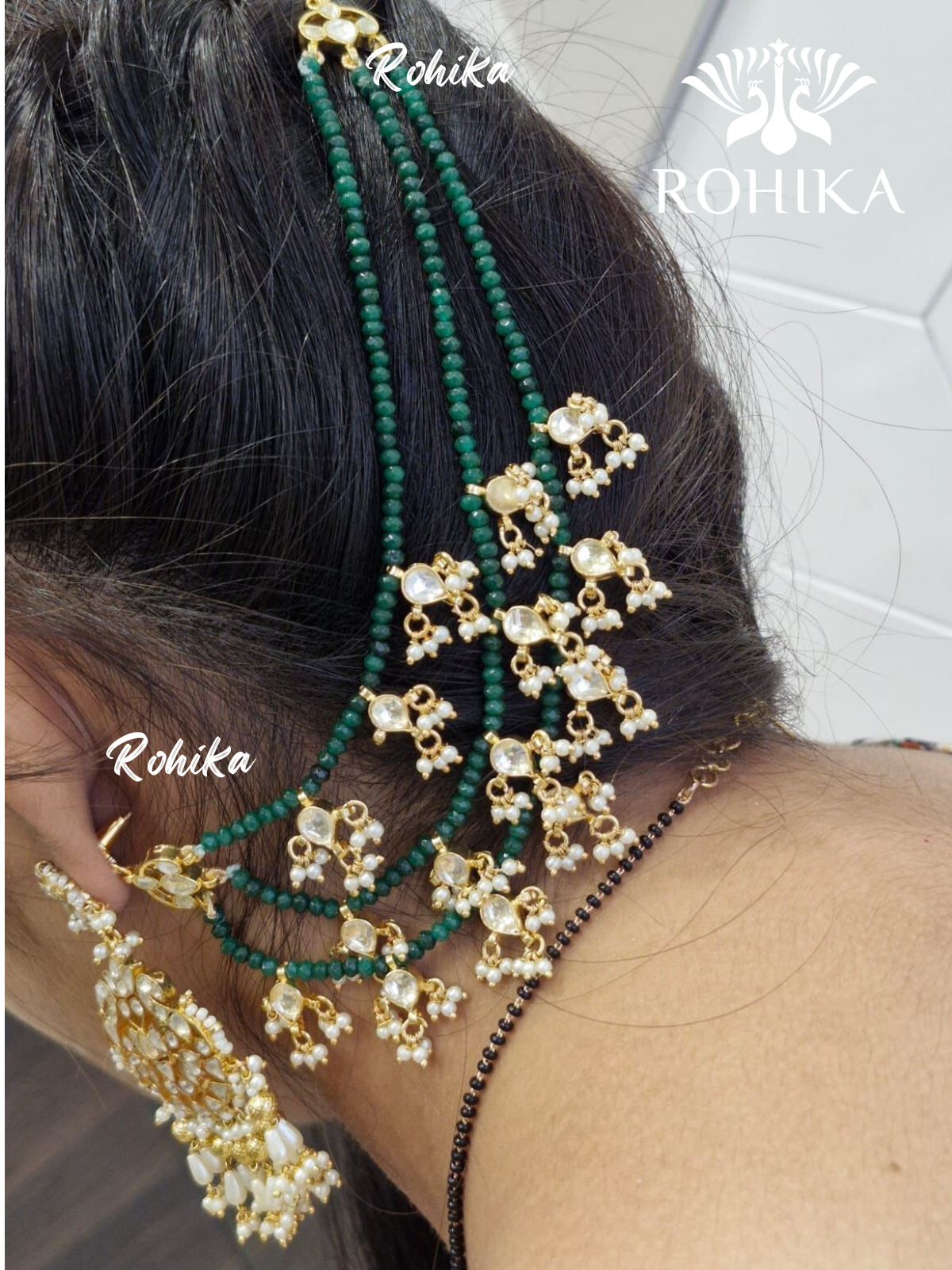 Pachhi kundan earchains - Green and golden