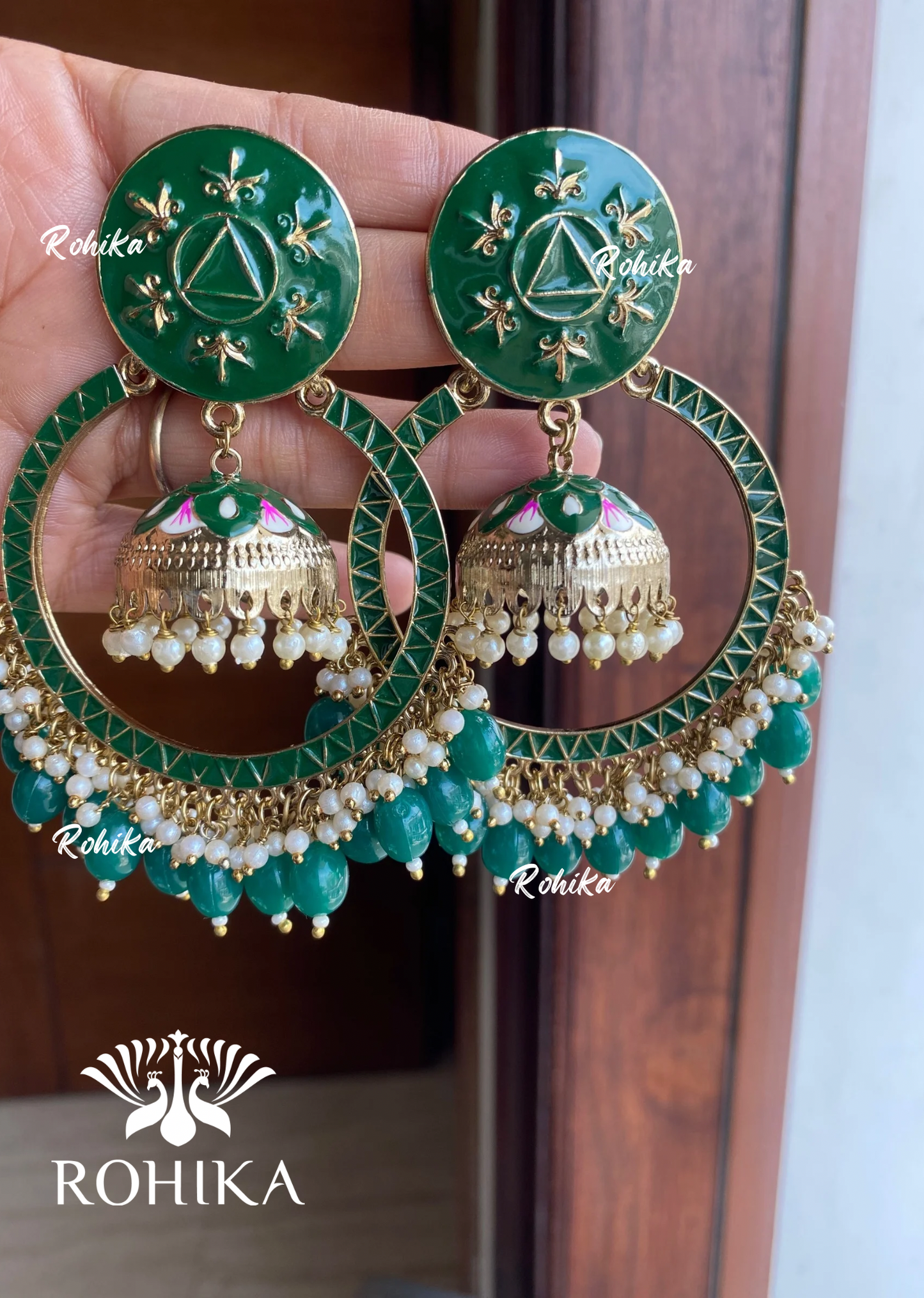 Sonal meenakari chandbali earrings - Dark Green