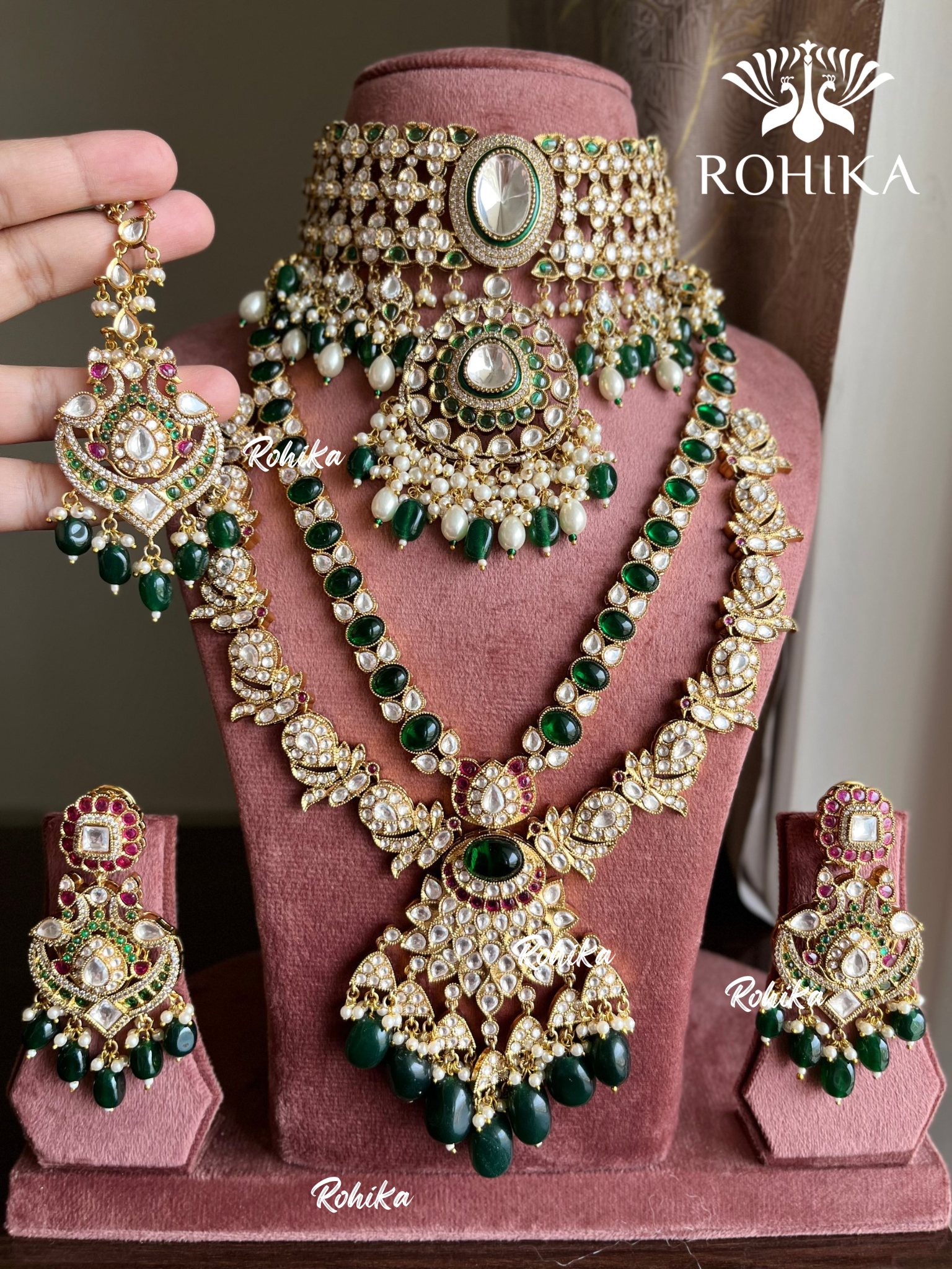 Maitri bikaneri kundan necklace combo set - Dark green