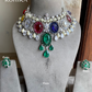 Isham american diamond necklace set - Navratna/Multi colour