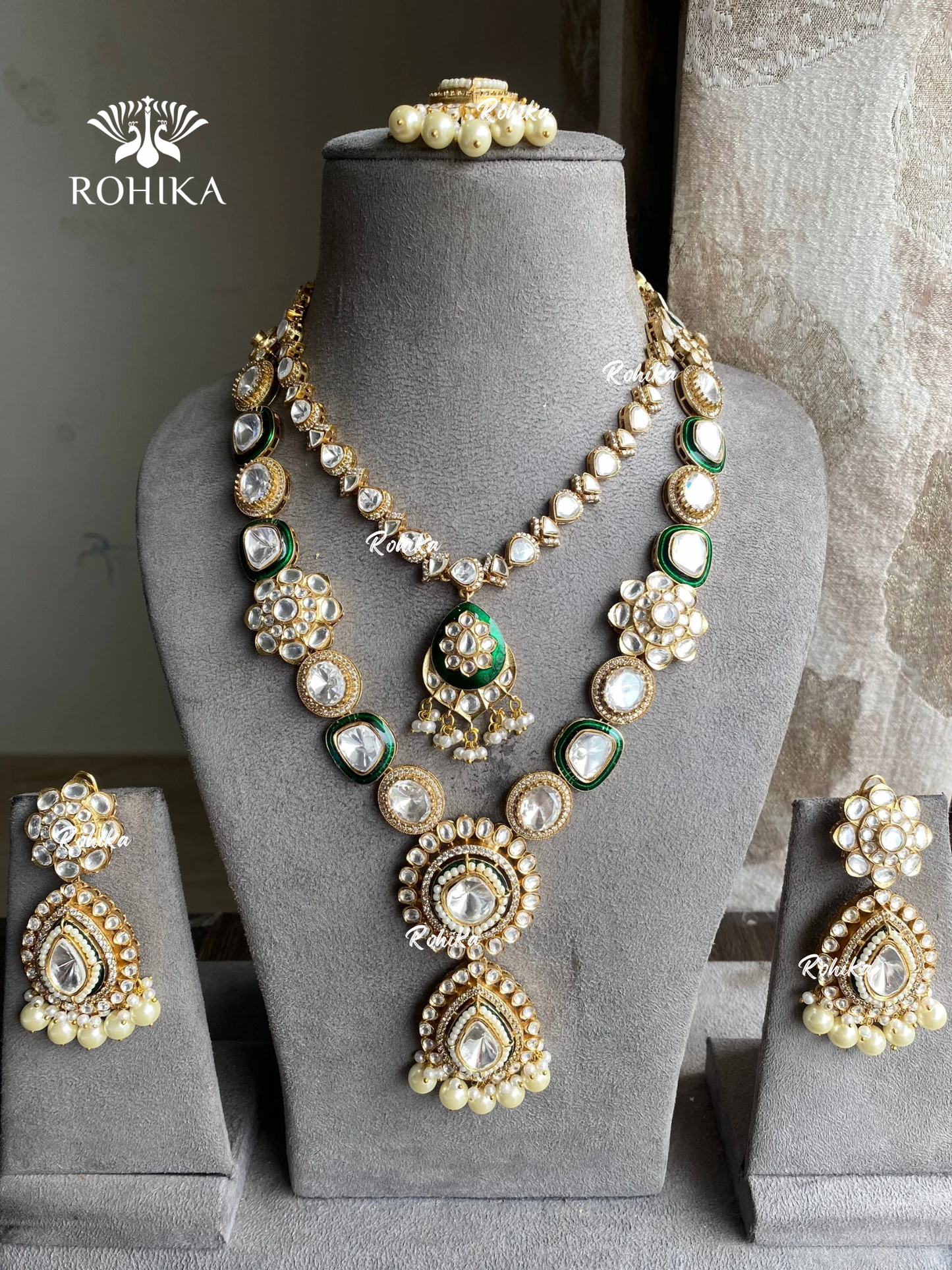 Poorna polki kundan necklace set - Dark Green