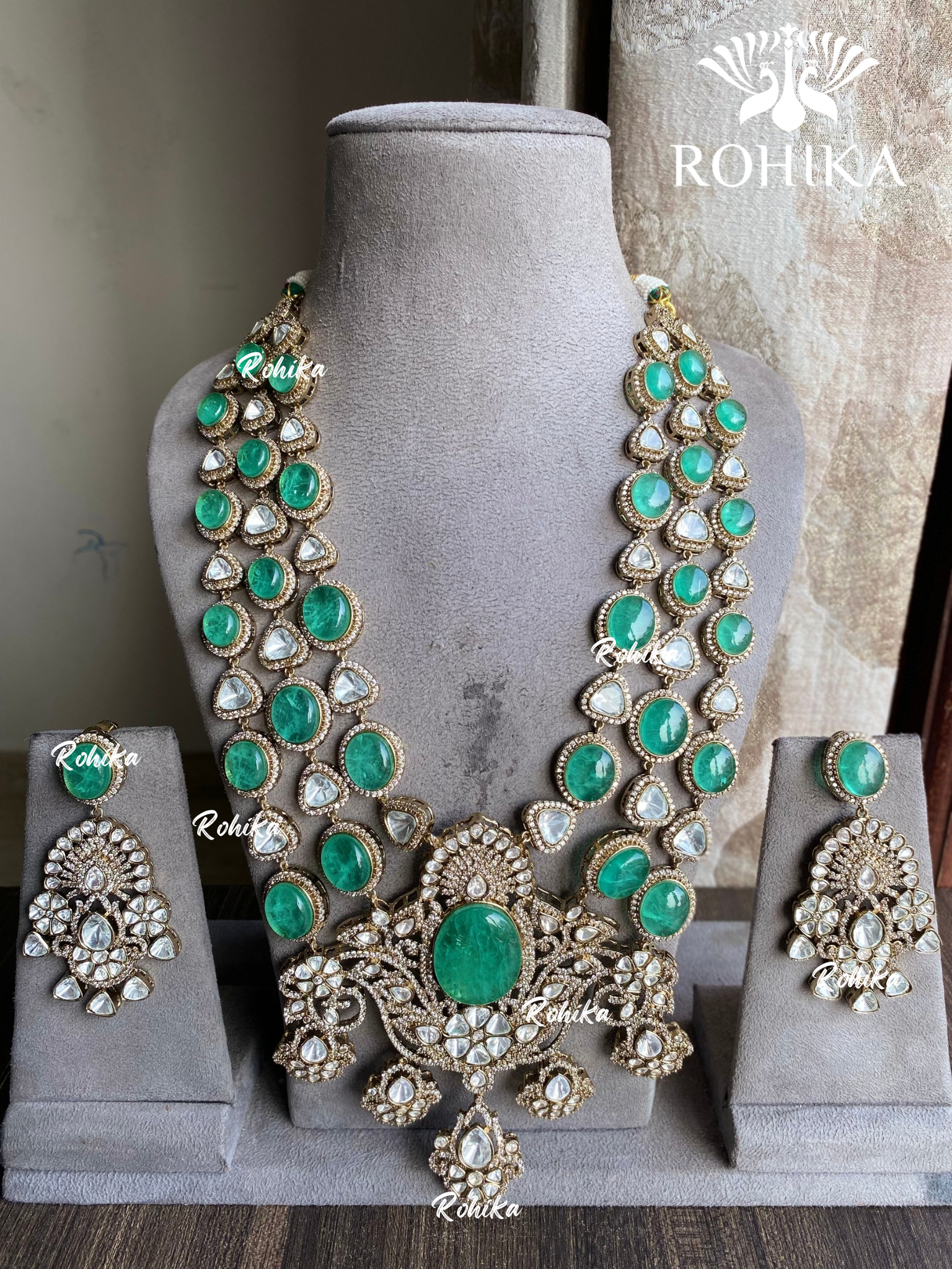 Sakhi moisanite long necklace set -  Mint Green