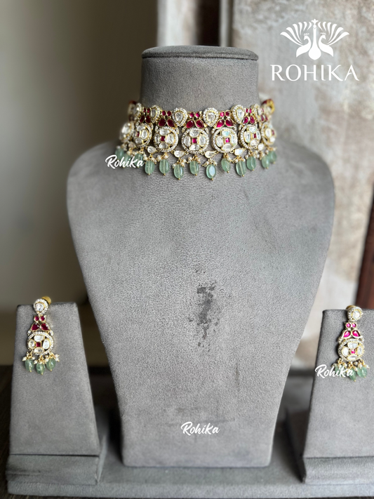 Raahi goldplated moisanite choker set - Mint green - Rohika Store