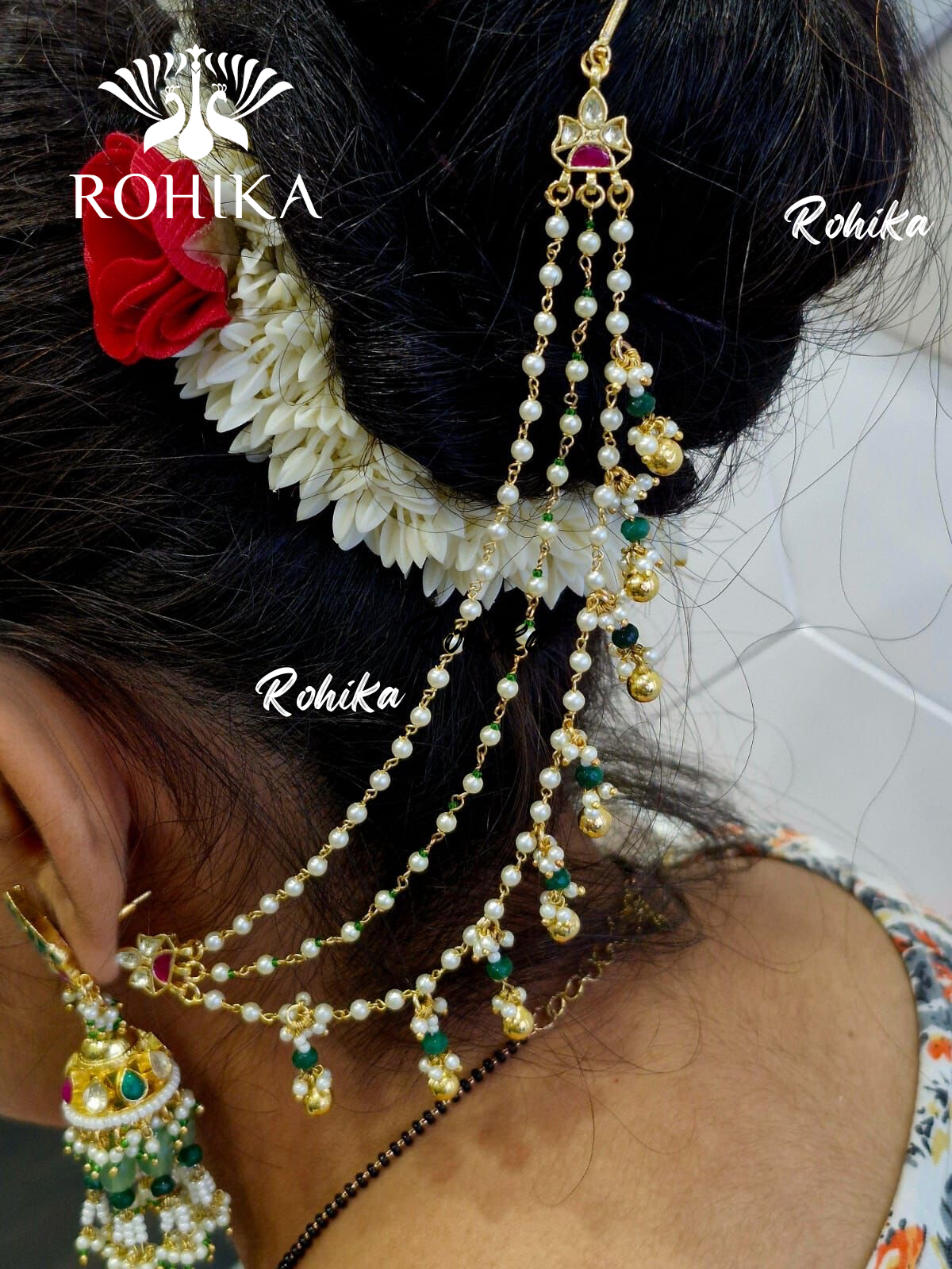 Pachhi kundan earchains - Green and golden