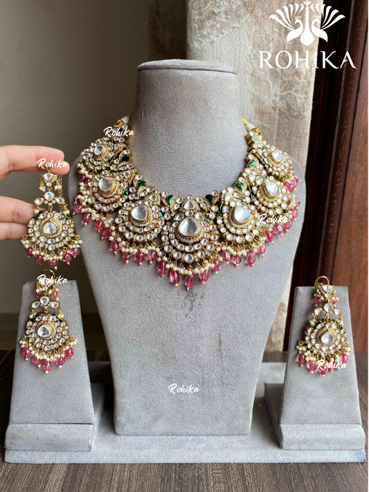 Janya polki kundan bridal necklace set - Pink