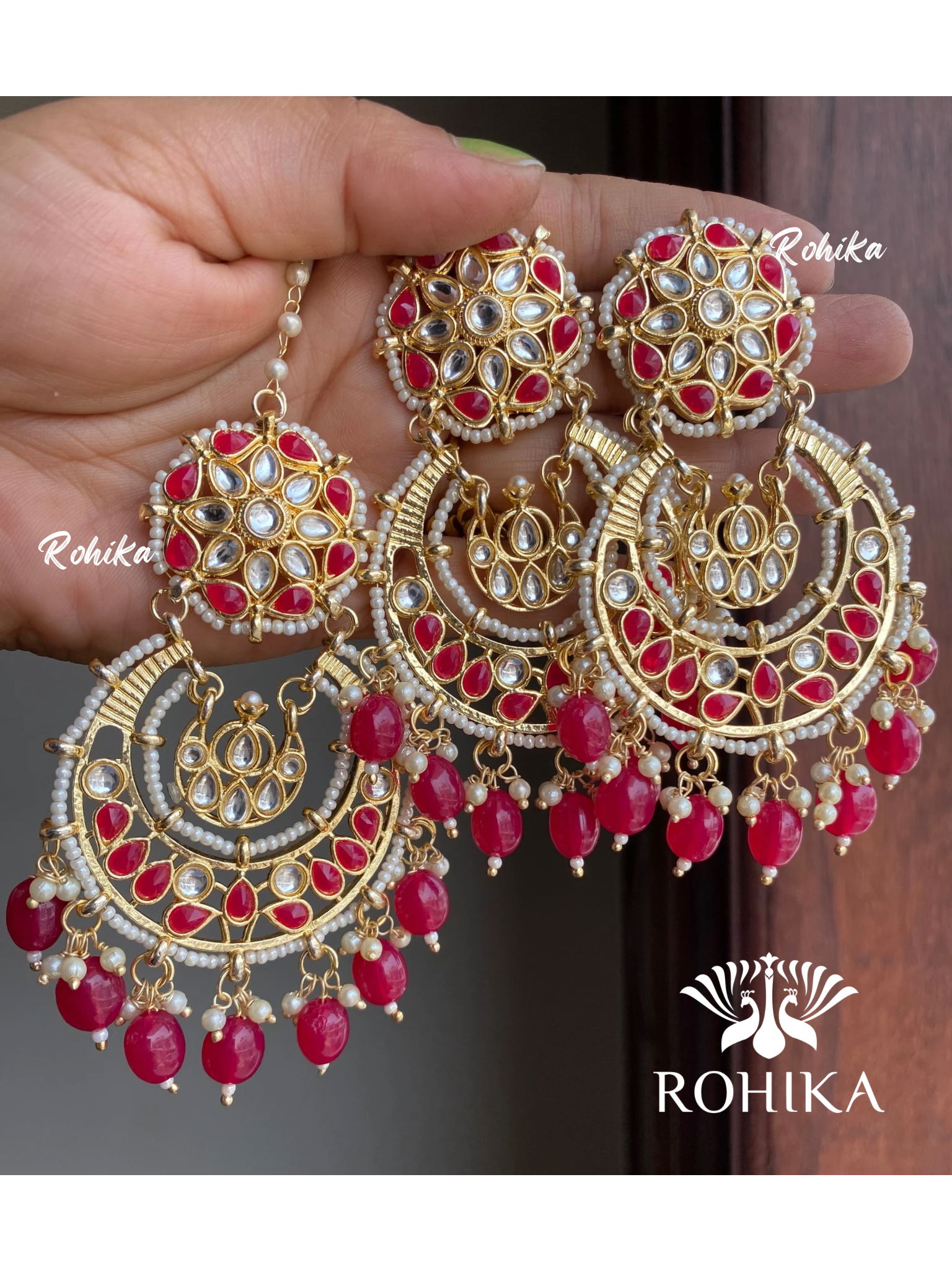 Karina earrings and maangtikka combo - Meganta pink