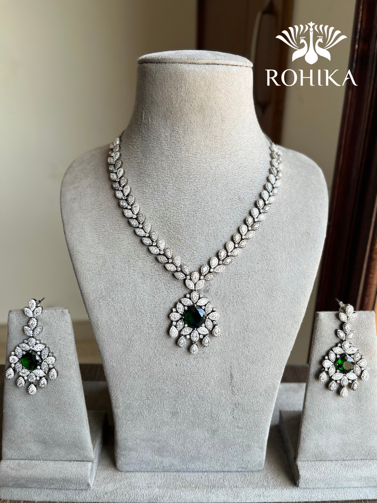 Shloka American diamond necklace set - Dark green