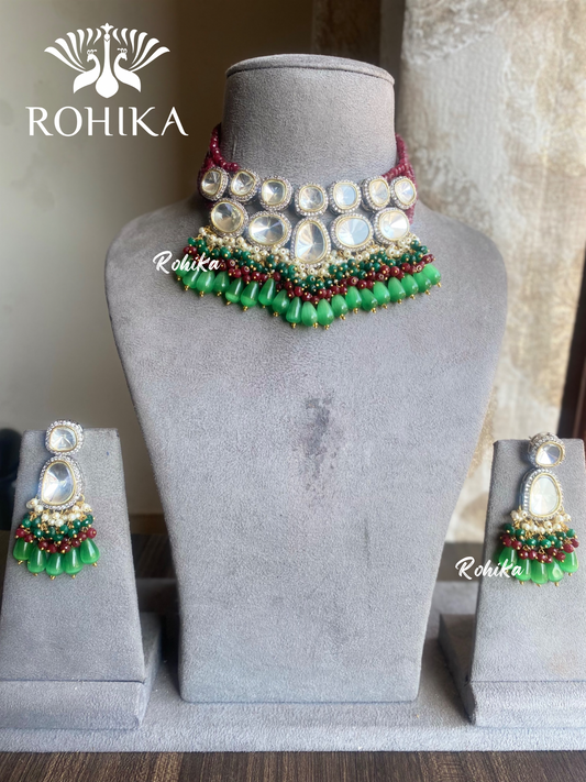 Laisha polki kundan choker set - Dark green and maroon