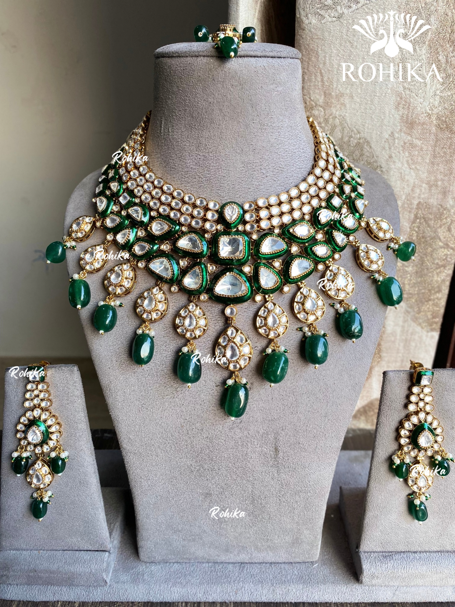 Paheli meenakari kundan bridal necklace set - Dark green