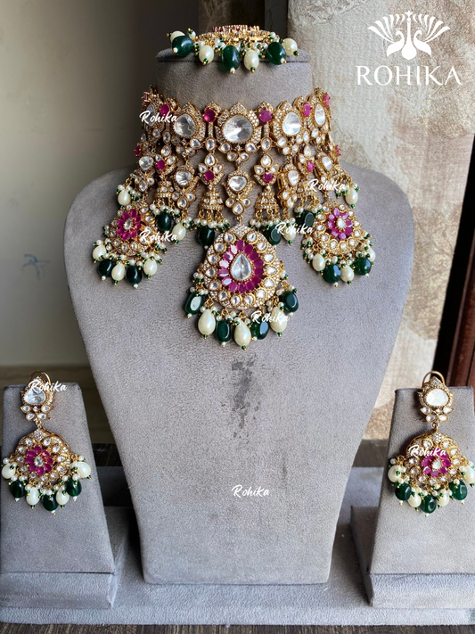 Prithvi moisanite polki kundan choker set - Green and Ruby